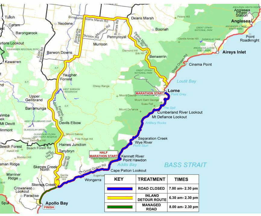 Map of Road Closures and the approved detours for the Great Ocean Running Festival 2022